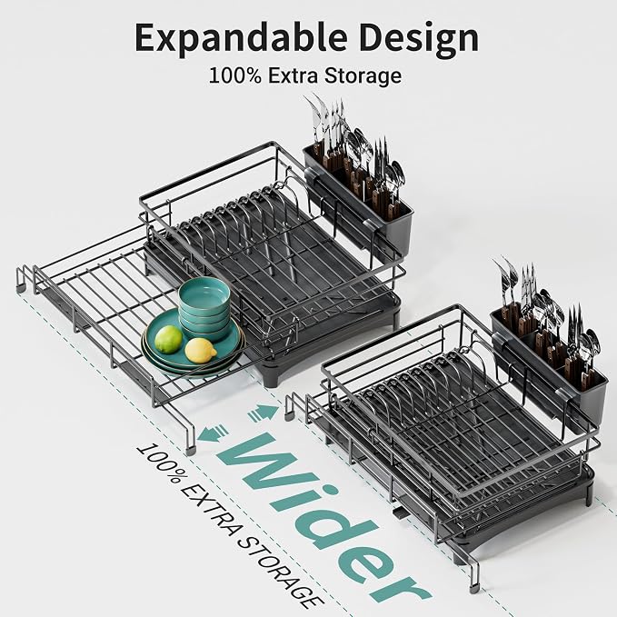 Large Dish Drying Rack - Expandable Dish drainers for Kitchen Counter,Over The Sink Dish Drainer Drying Rack,Rustproof Dish Drainer with Utensil Holder and Drainboard - Image 3