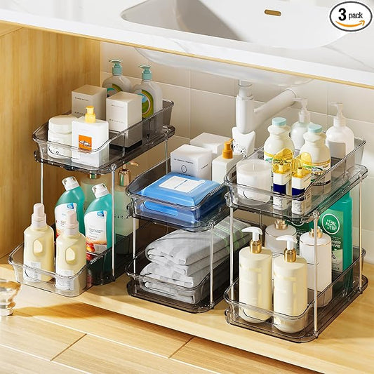 Delamu 2-Tier Under Sink Organizers and Storage, Multi-Purpose Stackable Bathroom Cabinet organizers, Pull Out Kitchen Pantry Organization and Storage with Dividers(3 Pack, Grey) by DELAMU