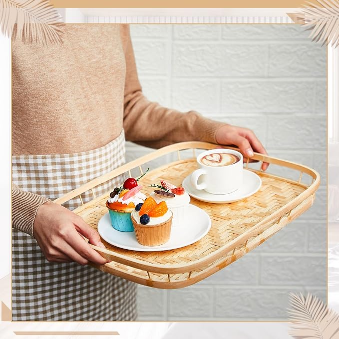 FillTouch 12 Pcs Bamboo Wicker Serving Trays 16.93 x 13 x 1.57 Inch Hand Woven Lap Trays for Eating Rectangular Flat Basket Tray Decorative Bedroom Bed Tray for Eating Dinner Fruit Snack Holder - Image 5