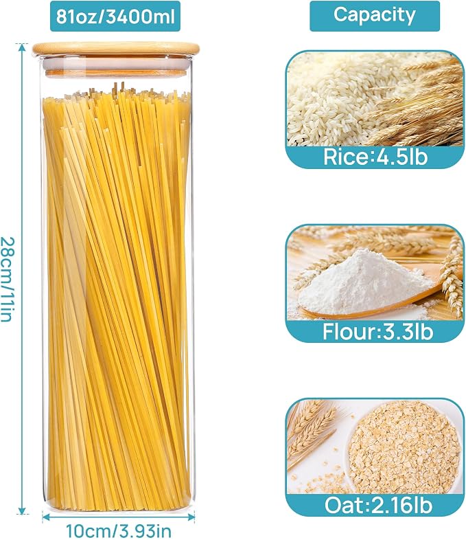 Vtopmart 81oz Glass Food Storage Containers, Set of 3 Large Food Jars with Airtight Bamboo Wooden Lids for Pasta, Flour, Sugar, Glass Canisters for Kitchen, Pantry Organization and Storage, BPA Free - Image 2