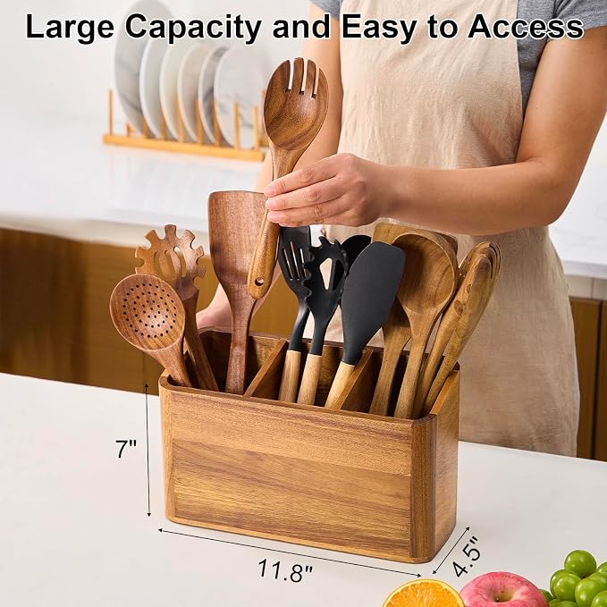 Wooden Utensil Holder for Kitchen Counter, Acacia Wood Kitchen Utensil Holder for Countertop with 4 Compartment, Cooking Utensil Organizer, Silverware Caddy (Acacia Wood, 3Compartment) - Image 2