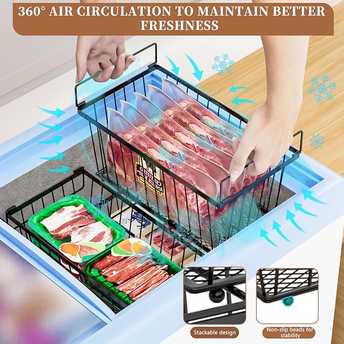 Enhanced Leak-Proof Bottom, Freezer Organizer Bins for 7 Cu.Ft,6 Pack | Stackable Chest Freezer Organizer Bins, Baskets with Handles, Leak-proof Wire Storage Container Baskets for Sort Frozen Meats - Image 5