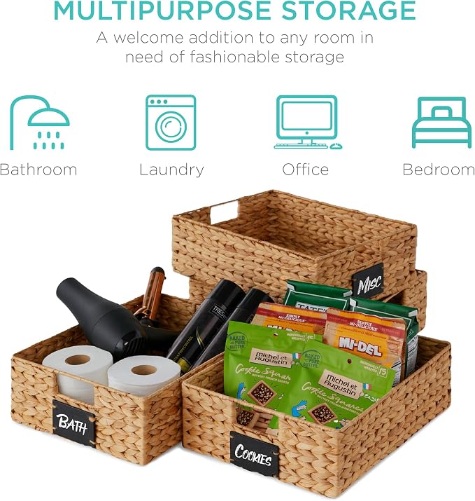 Best Choice Products Set of 4 16x12in Large Water Hyacinth Pantry Baskets, Woven Organizers w/Chalkboard Label, Chalk Marker - Natural - Image 6