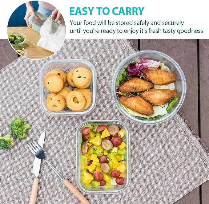 Bayco Glass Food Storage Containers with Lids, [24 Piece] Glass Meal Prep Containers, Airtight Bento Boxes, Leak Proof (12 lids & 12 Containers) - Green - Image 5