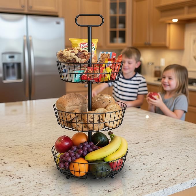 HOSY 3-Tier Metal Round Standing Fruit Basket with Handle, Vegetables Stand | Black, Metal Material, 28.5" Height, 13.5" Diameter, Tool-Free Assembly, for Kitchen Countertop, Dining Table, Party Buffet - Image 7