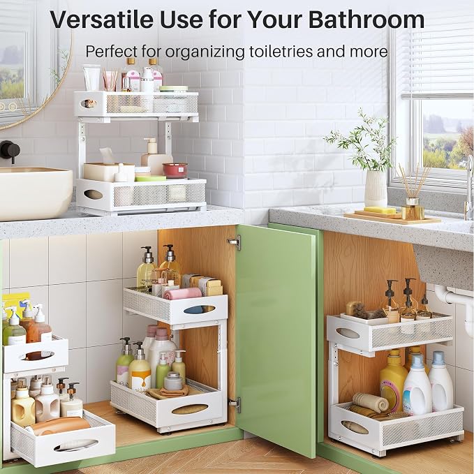 Under Sink Organizer, 2 Tier Pull out Cabinet Organizer Baskets with Mesh Sliding Drawers, Slide out Storage Shelf for Home, Kitchen, Bathroom, Pantry, Office Cabinet(1 Pack, White) - Image 8