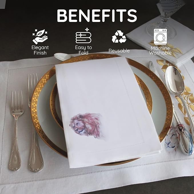 Cloth Tea Napkins Set of 4, Wildlife Print Cloth Napkins, Reusable Cotton Table Napkins for Dinners, Parties, Coffee and Cocktail Settings, 20x20 Inches (Lion) - Image 5