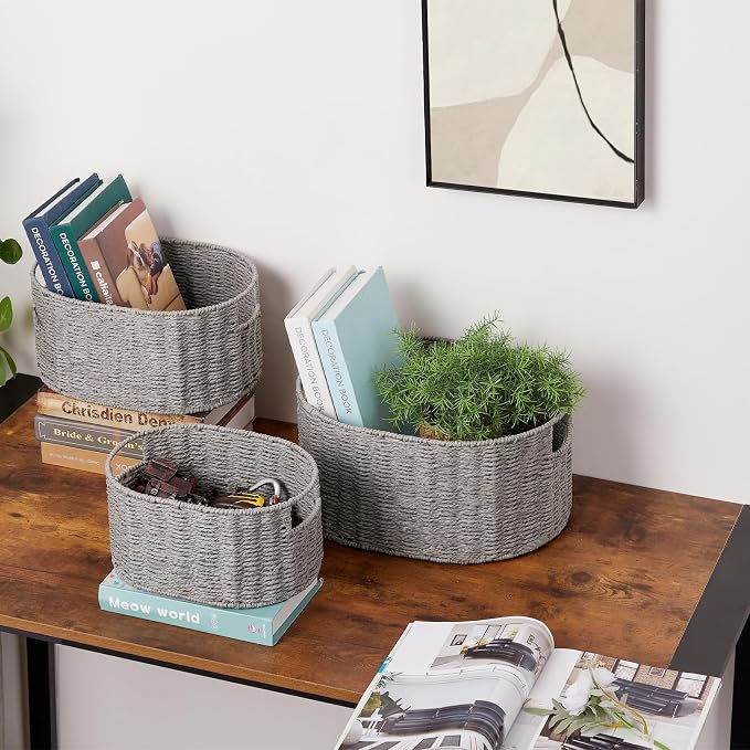 Wicker Storage Basket, Set of 3 Hand-woven Storage Baskets for Organizing, Round Large Wicker Baskets for Storage Decor, Pantry Storage Cubes Organization Baskets for Shelves, Grey - Image 3