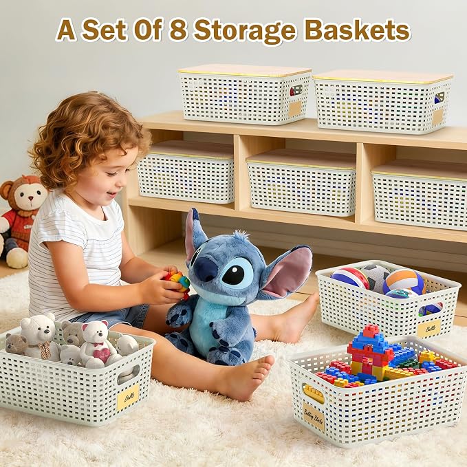 Stackable Storage Baskets: 8 Pack Plastic Baskets Bins, White | Decorative Baskets for Organizing, Pantry Decorative Containers for Closets, Cabinets, Shelves - Image 7