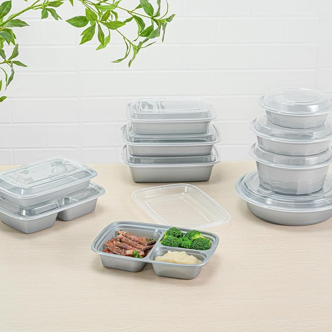 Asporto 26 Ounce Compartment Take Out Boxes, 100 Microwavable Meal Prep Containers - 3 Compartments, With Clear Plastic Lids, Silver Plastic Food Containers, Do Not Contain BPA - Restaurantware - Image 8