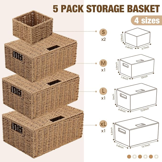 Yookeer 5 Pcs Woven Paper Rope Storage Baskets with Lid and Handles, Natural Color Large Storage Organizer with Labels, Stackable Rectangular Boho Decorative Baskets for Toys Shelves Bedroom - Image 2