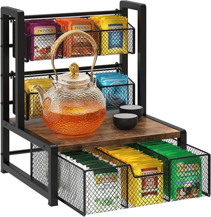 Tea Bag Organizer, 3 Tier Tea Storage Container Box, Rustic Brown | Wood Tea Station Caddy, Teabag Holder Stand with Drawer Basket, Large Tea Chest Display Rack for Countertop Cabinet Office by Homode