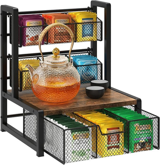Tea Bag Organizer, 3 Tier Tea Storage Container Box, Rustic Brown | Wood Tea Station Caddy, Teabag Holder Stand with Drawer Basket, Large Tea Chest Display Rack for Countertop Cabinet Office by Homode