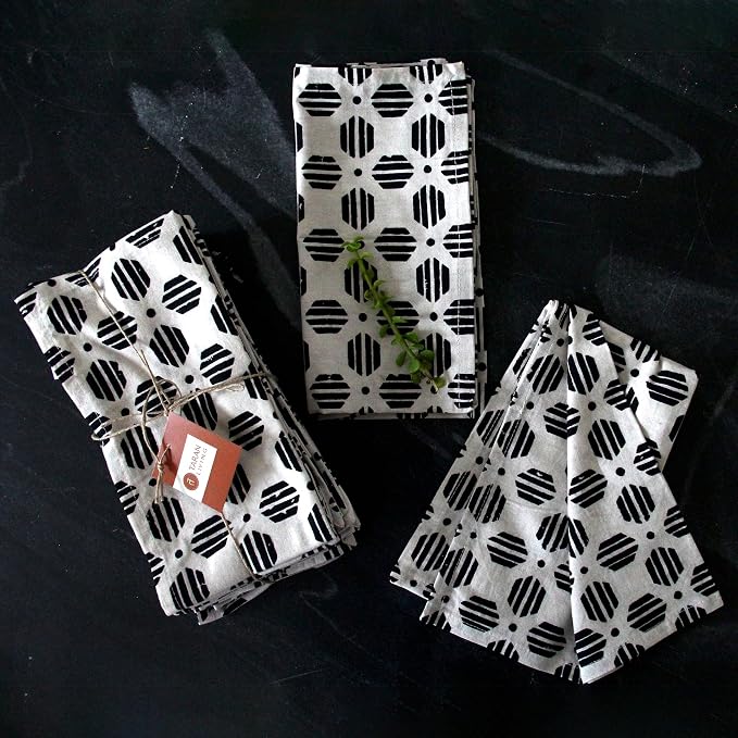 Cotton Cloth Napkins Reusable Fall Dinner Christmas Napkin Set Machine Washable Dish Cloth for New Year Gift, Home Decor - Black & Off White, 18"x18" - Set of 4 - Image 5