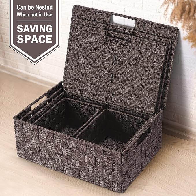 Storage Baskets with Lids: 5 Pack Stackable Woven Storage Bins, Brown | Decorative Woven Baskets for Organizing with Built-In Handles for Shelves, Closets, Cabinets and Cubbies, Gift Small Basket - Image 7