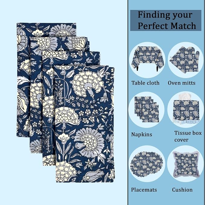 Midnight Marigold Garden Hand Block Print 100% Cotton Napkins 18" x 18" (Set of 4) Reuseable Kitchen Napkins Cloth Decor Dinner Party Cocktail Gift for Spring, Easter, Summer - Image 4