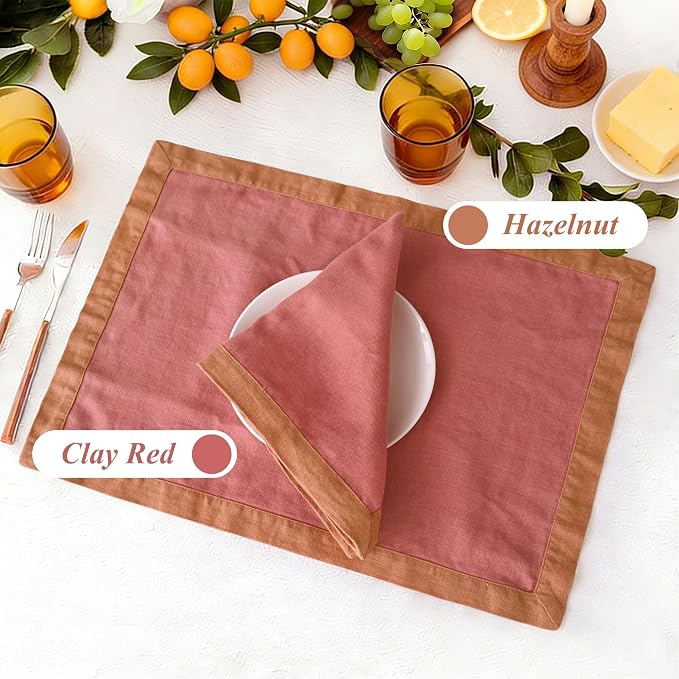 Linen World 100% French Linen Placemats Set of 4,21 x 15 Inch Double Layer Table Mats,Washable Heavyweight Placemats for Holiday Dining Kitchen Decor,Clay Red with Hazelnut Contrast Border - Image 2