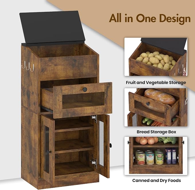 Potato and Onion Storage Bin with Lid, Large Potato Bin with Drawer, Multi-Compartment Wooden Fruit & Vegetable Cabinet with Mesh Doors, Rustic Kitchen Organizer for Pantry (16.9") - Image 6