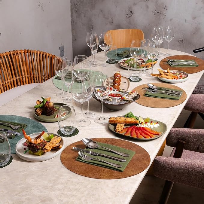 ADRIMER Placemats, Heat Resistant Round Placemats Set of 4 Washable, Waterproof Table Mats, Wipeable Faux Leather Place Mats for Kitchen, Dining Room, Turmeric Brown+Light Brown+Green+Blue - Image 2