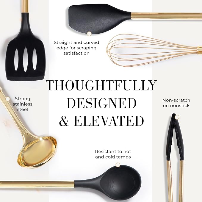 Styled Settings Black and Gold Cooking Utensils Set, 7-Piece, Black & Gold | Nonstick Silicone Cooking Utensils Set with Gold Utensil Holder, White and Gold Kitchen Accessories for Modern Kitchens - Image 6