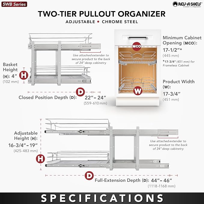 Rev-A-Shelf Pullout Organizer for Cabinets, Min Opening Width of 18" | STwo-Tier Steel Shelf for Kitchen or Vanity Cabinet Organization, Heavy Gauge Wire Slide Out Storage Basket, 5WB2-1822CR-1 - Image 7