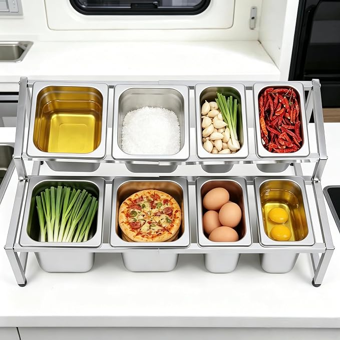 Telescoping Pizza Topping Station Condiment Container Food Prep Holder | 8 Pans & Spoons, Stainless Steel Container Set Ingredients Holder Spice Rack for Kitchen Buffet Pizza Oven Accessories - Image 5