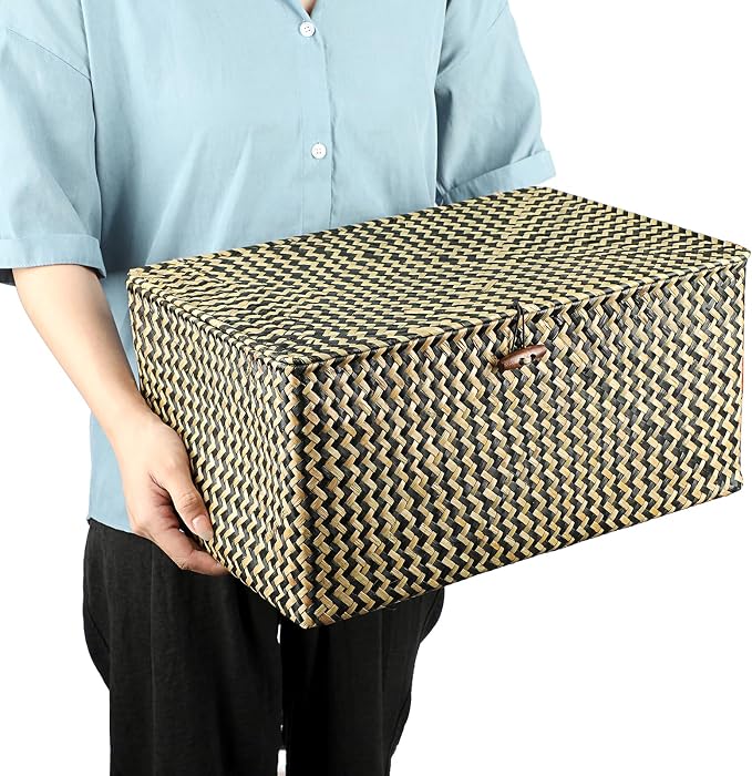 Hipiwe Wicker Shelf Baskets Bin with Lid, Handwoven Seagrass Basket Storage Bins Rectangular Household Basket Boxes for Shelf Wardrobe Home Organizer, Black,X-Large - Image 7