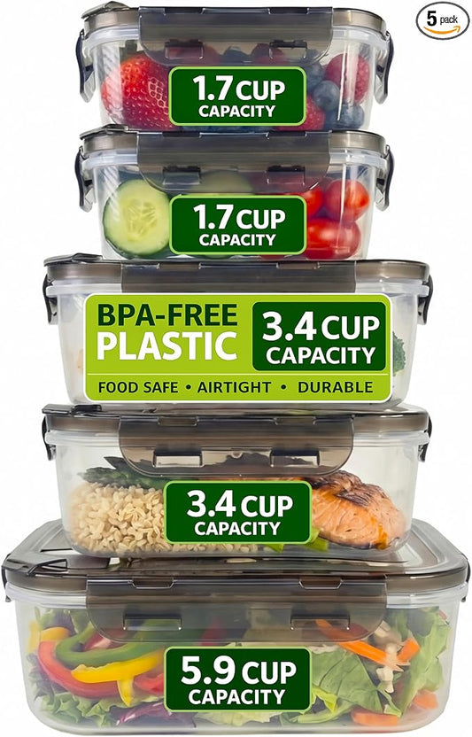 BPA-Free Plastic Airtight Food Storage Containers with Vented Lids, 5-Pack Assorted Sizes (2×1.7, 2×3.4 & 1×5.9 Cups) for Meal Prep and Leftovers by Clutterix