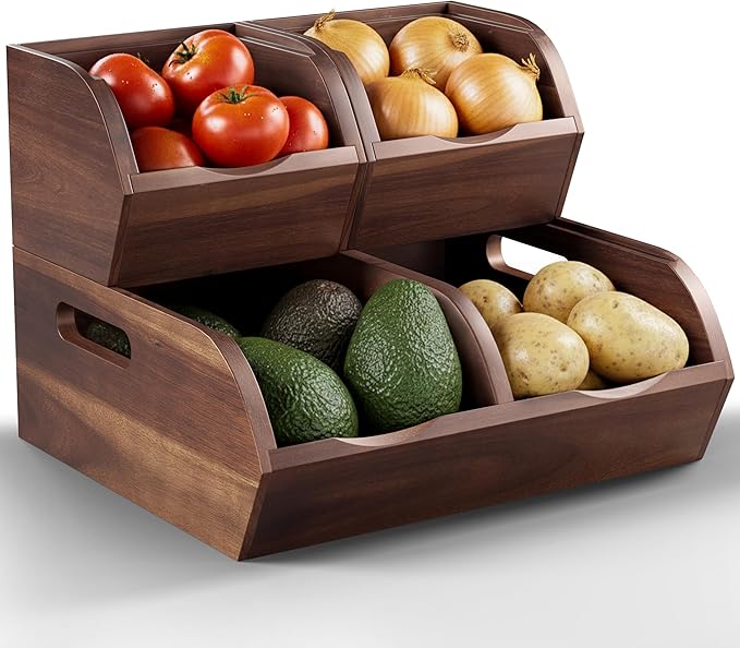 Acacia Potato and Onion Storage Bin - Stackable Wooden Storage Bins with Airflow Vent - Onion and Potato Storage Baskets for Kitchen Countertop Storage Organizer by NAGAWOOD