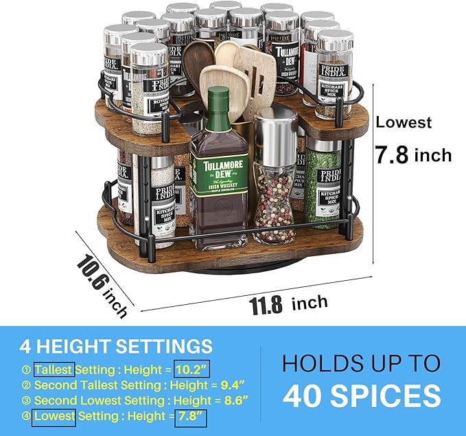 Lazy Susan Organizer Spice Rack - Spice Organization for Cabinet Height Adjustable Rotating Lazy Turntable, Pantry Kitchen Wood Revolving Seasoning Organizer (Vintage, 12 Inch) - Image 6