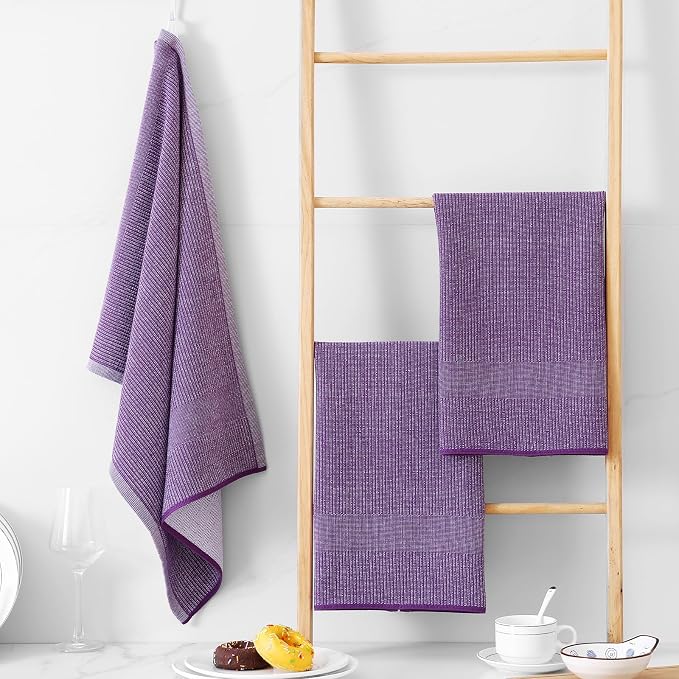 Homaxy 380 GSM Cotton Premium Kitchen Towels 12 Pack, 18"x 28", Purple | Flat and Terry Dish Towels, Highly Absorbent Tea Towel Set with Hanging Loop, Soft Utility Kitchen Hand Towels - Image 6
