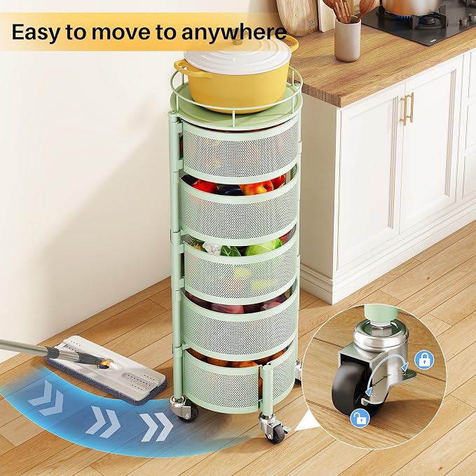 SNTD Fruit and Vegetable Basket Bowls for Kitchen with Metal Top Lid, 5 Tier Rotating Storage Rack Cart for Potato Onion Bread Banana, Wire Basket Organizer on Wheels, Large (Green) - Image 7