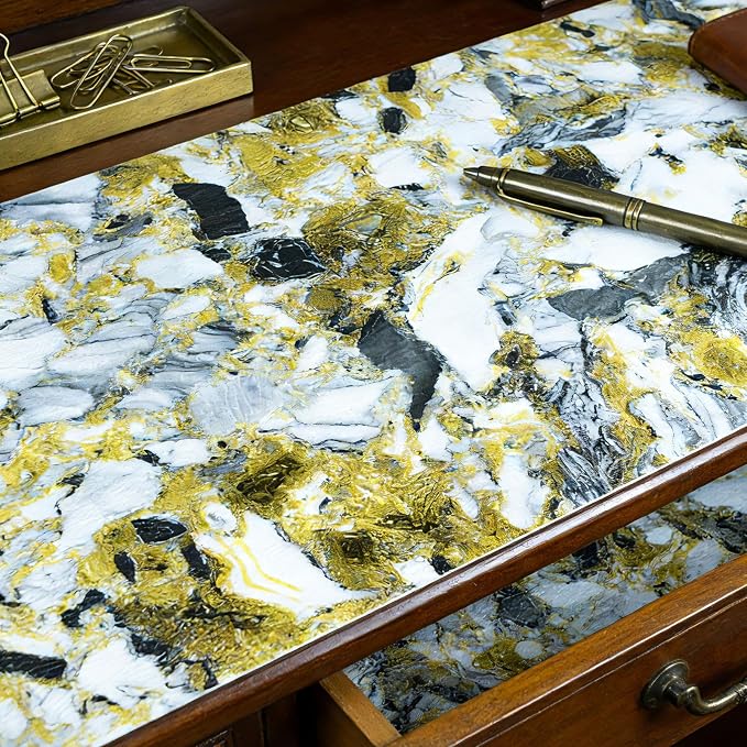 Drawer and Shelf Liner - Yellow Black Marble Pattern Non Adhesive | Non Slip Waterproof Easy-Clean Liner for Kitchen Cabinet, Refrigerator, Bathroom, Pantry Storage Drawers, 12 in x 10 Ft - Image 4