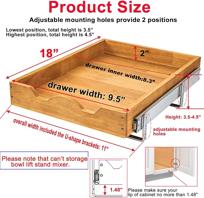 DINDON Pull Out Cabinet Organizer (11" W x 18" D) 1 Tier，Single Tier Oak Wood Under Cabinet Slide Out Shelf Drawer Box… - Image 2