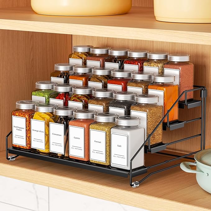 BOIVSHI 4 Tier Spice Rack for Cabinet, Spice Rack Organizer, Depth Adjustable Spice Holder for Countertop, Cupboard, Pantry, Seasoning Shelf, Metal, Black (1 Pack) - Image 2