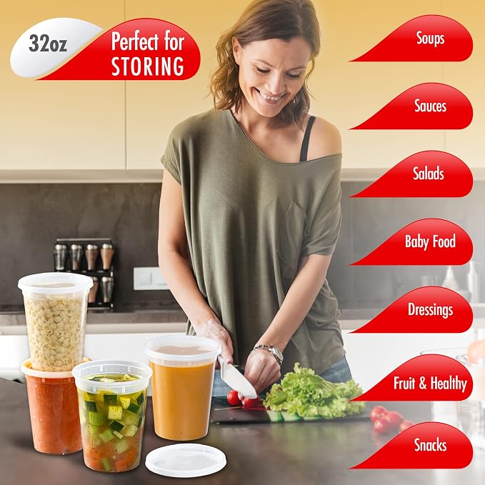 32oz-Deli Containers with Leakproof Lids-50 Pack BPA-Free Plastic Microwaveable Clear Food Storage Container Premium Heavy-Duty Quality, Freezer & Dishwasher Safe - Image 3