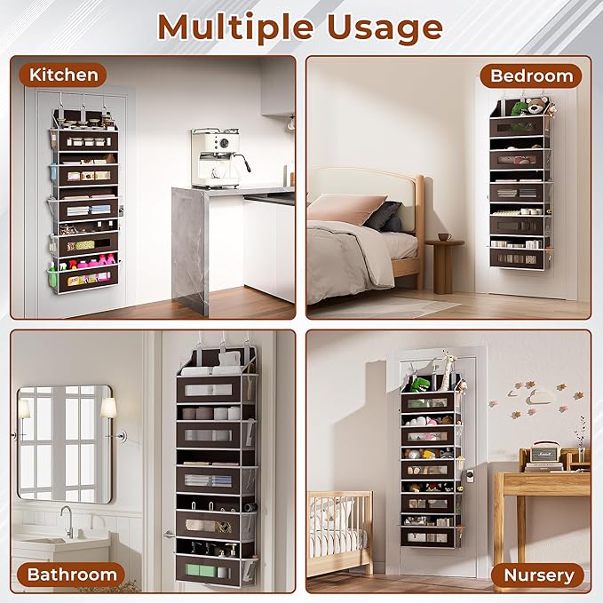 5 Tier Over The Door Organizer - Large Capacity Behind Door Hanging Shelves with 10 Mesh Pockets and Clear Windows, Closet Organizers and Storage for Bathroom, Bedroom, Nursery, Brown - Image 7