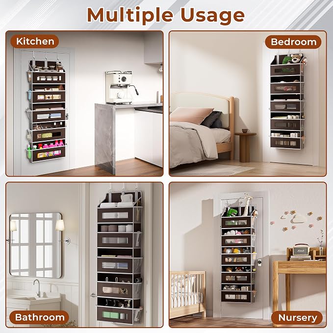2 Pack 5 Tier Over The Door Organizer - Large Capacity Behind Door Hanging Shelves with 10 Mesh Pockets and Clear Windows, Closet Organizers and Storage for Bathroom, Bedroom, Nursery, Brown - Image 7
