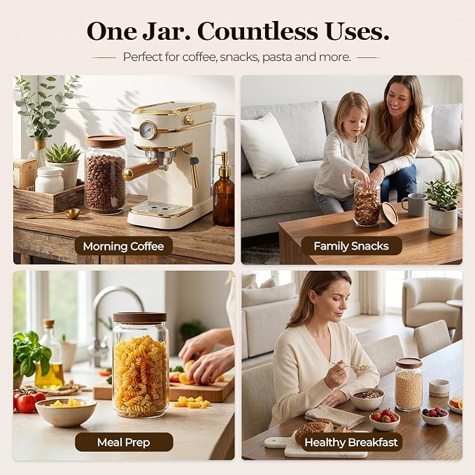 ComSaf Glass Jar with Acacia Wood Lid 34oz 1Pack, Food Storage Container | 1.1Qt Canister, Oats Coffee Sugar Pasta Candy Cookies Nut, Kitchen Pantry, Decorative, Countertop Display, Food-Grade, Label - Image 7