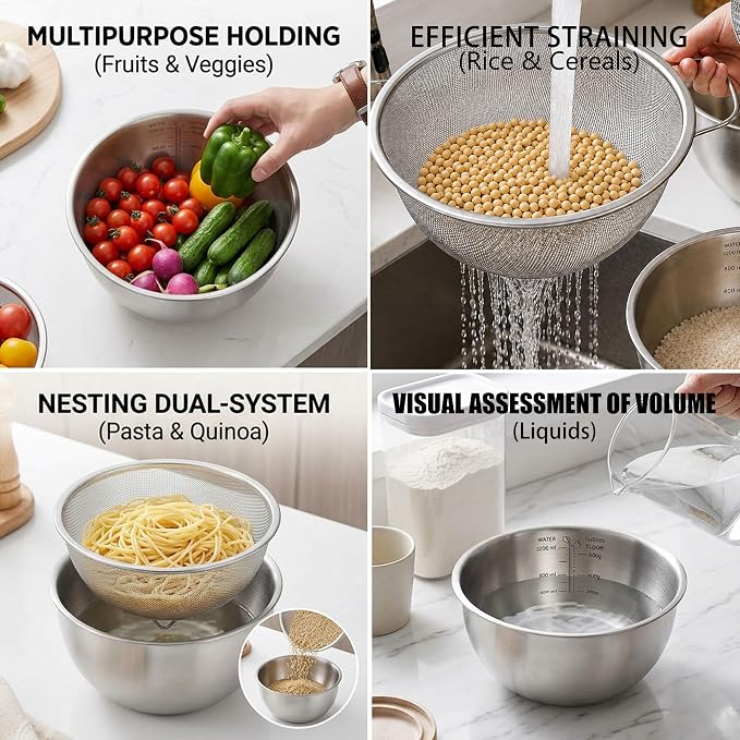 18/8 Stainless Steel Colander with Mixing Bowl, 1.5QT | 1 nesting mixing bowls with measurement marks and 1 fine 30-mesh strainers for rice,vegetables, pasta, baking, and food prep - Image 4