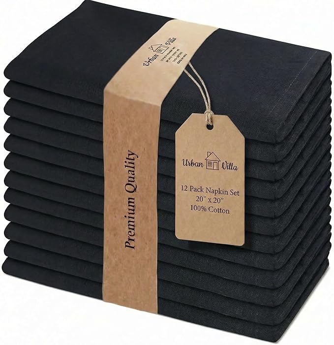 Urban Villa Cloth Napkins Cotton 20x20 (Set of 12) Black by CottonTrends