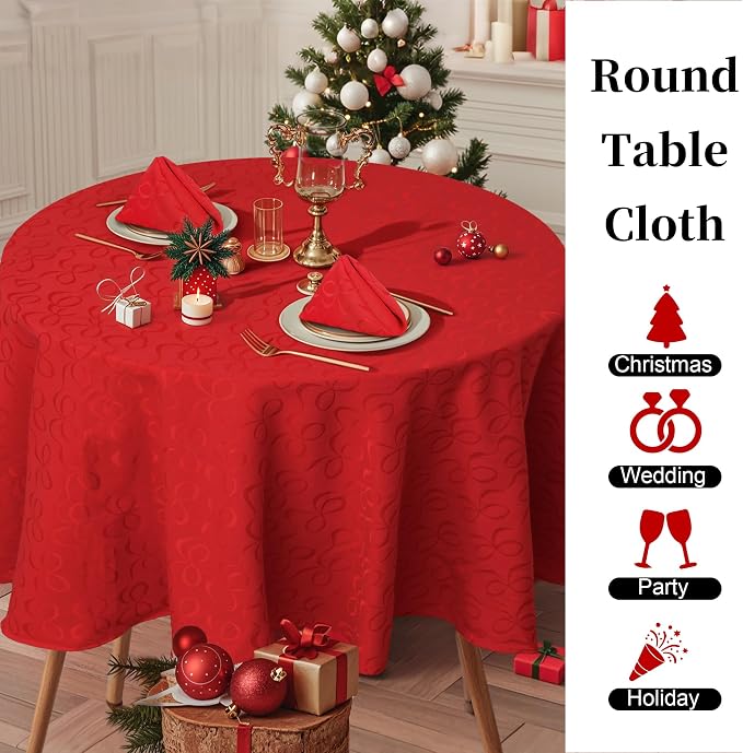 VOOVA & MOVAS Red Round Tablecloth 70" (Seat 4-6), Reusable Table Cloth for 5ft Circle Table, Polyester-Cotton, Washable, 1PC Celebration Holiday Tablecloth with Bow Jacquard - Image 4