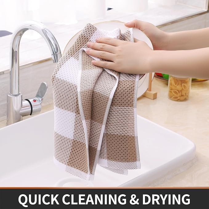 Homaxy Kitchen Towels and Dishcloths Set, Set of 16, White & Khaki | Bulk Cotton Waffle Weave Check Plaid Kitchen Towels, Super Soft and Absorbent Dish Cloths, 12 x 12 and 13 x 28 Inches - Image 6