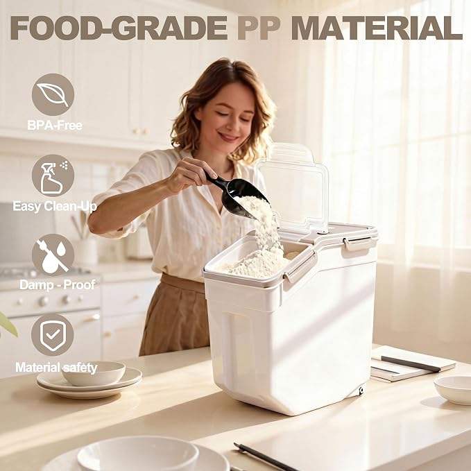 RUIAN 2Pcs Large Flour Storage Container Bin 50Lb Airtight Rice Storage Containers with Wheels Seal Locking Lid, BPA Free with Measuring Cup&Scoop for Flour, Rice, Grain 100LBS Total (Grey) - Image 4