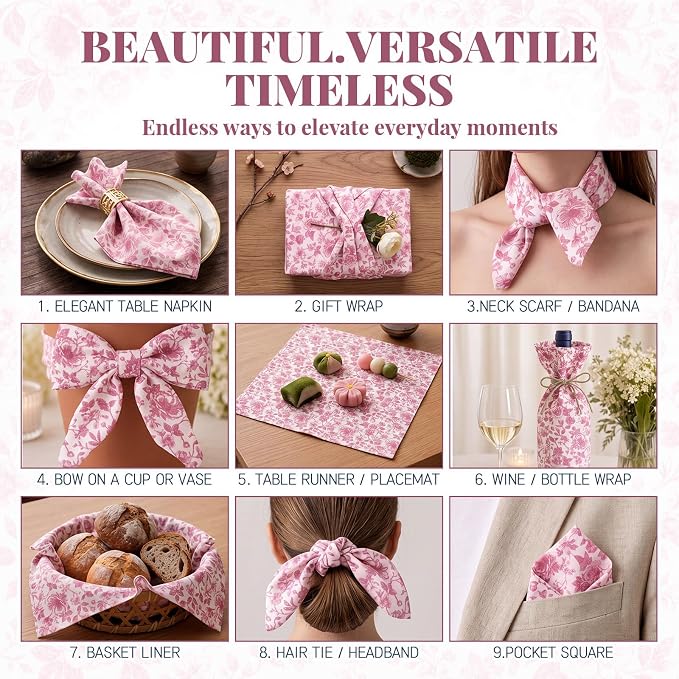 Tegeme 24 Pcs Pink and White Floral Cloth Napkins 15" x 15" Reusable Cotton Napkins, Pink Floral Napkin for Spring Tea Party, Wedding, Catering & Home Decor - Image 3