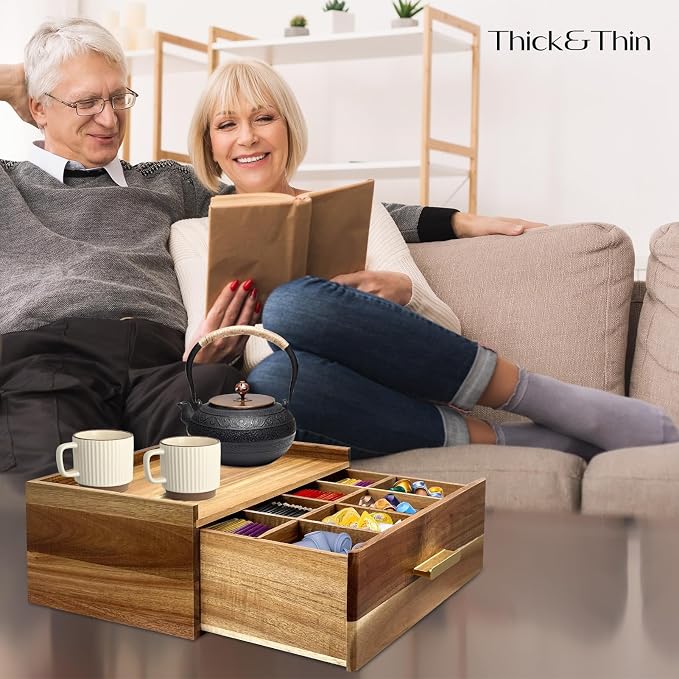 Thick&Thin Acacia Wood Tea Bag Organizer, Tea Organizers and Storage Box With Removable Divider Drawer, Tea Bag Holder Station Caddy Container for Countertop, Tea Accessories Gift Box (1Pcs) - Image 2