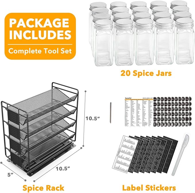 SpaceAid Pull Out Spice Rack Organizer with 20 Jars, Heavy Duty Slide Out Seasoning Organizer for Kitchen Cabinets, with 801 Labels and Chalk Marker, Left Facing - Image 4
