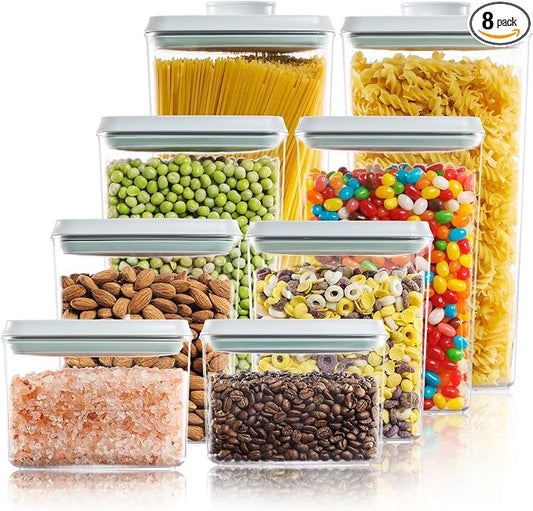 Airtight Food Storage Containers, 8-Piece Pantry Organizer Set | One-Touch Pop-Top Lids, Clear Stackable Bodies and Measurement Marks for Flour, Sugar, Cereal, Pasta, Oats and Dry Snacks by Tourdeus