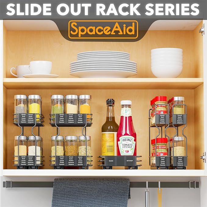 SpaceAid Pull Out Spice Rack Organizer for Cabinet, 2 Drawers 2-Tier, 24 Pcs Spice Jars with Labels - Image 4