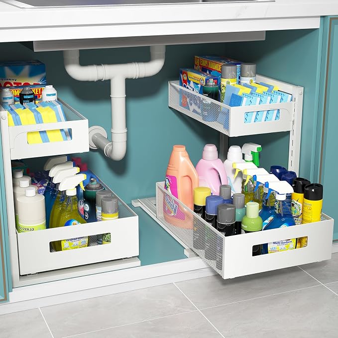 TISTAYA Under Sink Organizer, Bathroom Organizers and Storage, Cabinet Organizer Pottery Barn Furniture for Kitchen, Bathroom, Pantry, Laundry, Study, White，1XL, 2PCS by TISTAYADirect